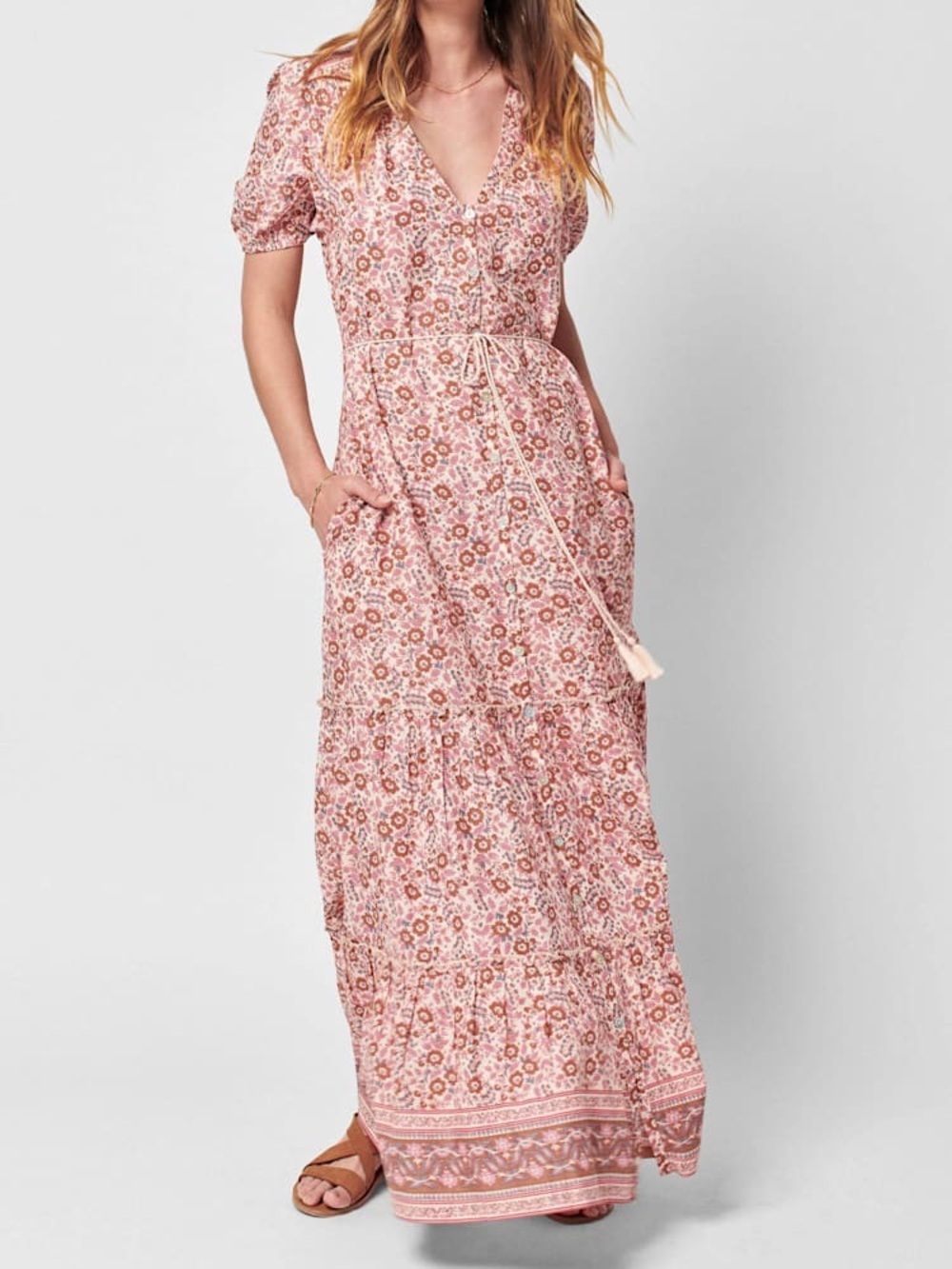 NWT Faherty Orinda Maxi Dress Earth Block Print XS Belted Organic Cotton